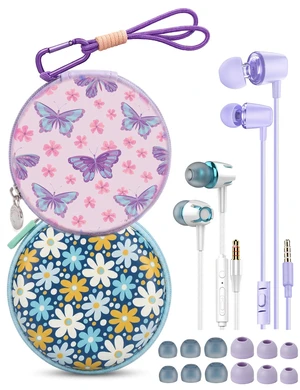 2-Pack Wired Earbuds with Cases, 3.5mm School Headphones,Daisies Butterfly 2-Pack Wired Student Earbuds with Braided Lanyard Carabiner Clips to Attach on School Backpacks, 2 Cases & Mics 2-Pack Wired Earbuds with Cases, 3.5mm School Headphones,Daisies Butterfly 2-Pack Wired Student Earbuds with Braided Lanyard Carabiner Clips to Attach on School Backpacks, 2 Cases & Mics