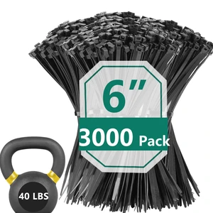 3000 Pack 6 Inch Black Zip Ties,40 LBS Cable Ties,UV Resistant Nylon Wire Ties,Self-Locking Plastic Straps for Indoor&Outdoor Use 3000 Pack 6 Inch Black Zip Ties,40 LBS Cable Ties,UV Resistant Nylon Wire Ties,Self-Locking Plastic Straps for Indoor&Outdoor Use