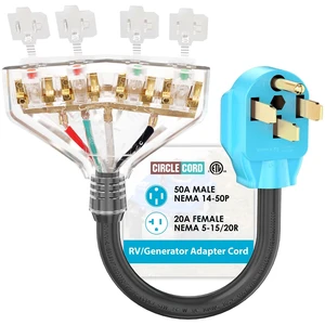 50 Amp to 110V RV/Generator Distribution Adapter Cord NEMA 14-50P Male to 4X 5-15R/5-20R T-Blade Household Outlet Female with Dust Protection Caps, ETL Listed 50 Amp to 110V RV/Generator Distribution Adapter Cord NEMA 14-50P Male to 4X 5-15R/5-20R T-Blade Household Outlet Female with Dust Protection Caps, ETL Listed