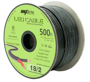 500 ft. 18AWG Low Voltage LED Cable 2 Conductor Black Sleeve in-Wall Speaker Wire UL/cUL Class 2 500 ft. 18AWG Low Voltage LED Cable 2 Conductor Black Sleeve in-Wall Speaker Wire UL/cUL Class 2