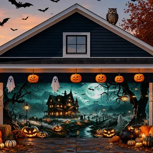 Halloween Garage Door Cover 16 x 7 FT, Halloween Garage Banner Haunted House Design, Detailed Halloween artwork creates a spooky seasonal scene for garages, walls, yards and parties Halloween Garage Door Cover 16 x 7 FT, Halloween Garage Banner Haunted House Design, Detailed Halloween artwork creates a spooky seasonal scene for garages, walls, yards and parties