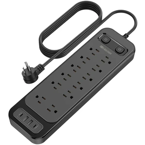 12-Outlet Surge Protector Power Strip with 2 USB A + 2 USB C, 6FT Flat Plug Extension Cord, Dual Switches, Wide Spacing, 1250W/10A Multi Plug Outlet for Home Office Dormitory, Black 12-Outlet Surge Protector Power Strip with 2 USB A + 2 USB C, 6FT Flat Plug Extension Cord, Dual Switches, Wide Spacing, 1250W/10A Multi Plug Outlet for Home Office Dormitory, Black