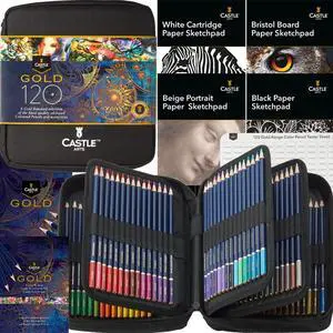 Gold Standard 120 Coloring Pencils Set with Extras, Oil-based Colored Cores Stay Sharper, Tougher Against Breakage, For Adult Artists, Colorists, In Zipper Case Gold Standard 120 Coloring Pencils Set with Extras, Oil-based Colored Cores Stay Sharper, Tougher Against Breakage, For Adult Artists, Colorists, In Zipper Case