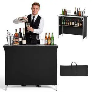 Folding Portable Bar Table, 43.3 x 15.2 x 34.8 in, with Carry Bag, Storage Shelf, and Detachable Skirt, Quick and Easy Setup, Foldable Mobile Bartending Station for Events, Party, Tradeshow Folding Portable Bar Table, 43.3 x 15.2 x 34.8 in, with Carry Bag, Storage Shelf, and Detachable Skirt, Quick and Easy Setup, Foldable Mobile Bartending Station for Events, Party, Tradeshow