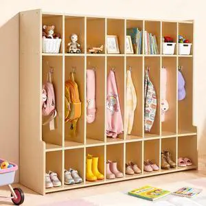 8-Section Coat Locker with Bench, Kids Lockers with 16 Hooks & Non-Slip Mat, Classroom Cubbies for Daycare, Home, Kindergarten- Natural 8-Section Coat Locker with Bench, Kids Lockers with 16 Hooks & Non-Slip Mat, Classroom Cubbies for Daycare, Home, Kindergarten- Natural