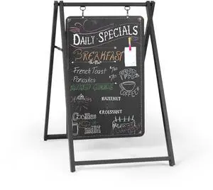 Metal A Frame Sign, Chalkboard Sidewalk Sign - 24x38 in Outdoor | Double Sided Magnetic Chalkboard, Swinging Sandwich Board Signs, Includes Chalk & Eraser - For Businesses - Black Metal A Frame Sign, Chalkboard Sidewalk Sign - 24x38 in Outdoor | Double Sided Magnetic Chalkboard, Swinging Sandwich Board Signs, Includes Chalk & Eraser - For Businesses - Black