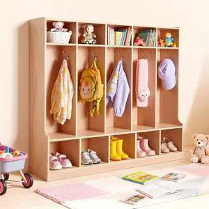 5-Section Coat Locker with Bench, Kids Lockers with 10 Hooks & Non-Slip Mat, Classroom Cubbies for Daycare, Home, Kindergarten- Natural 5-Section Coat Locker with Bench, Kids Lockers with 10 Hooks & Non-Slip Mat, Classroom Cubbies for Daycare, Home, Kindergarten- Natural