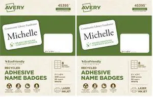 EcoFriendly Recycled Name Tags, 2-1/3" x 3-3/8", White, Removable Adhesive, 400 Printable Name Badges (45395) (Pack of 2) EcoFriendly Recycled Name Tags, 2-1/3" x 3-3/8", White, Removable Adhesive, 400 Printable Name Badges (45395) (Pack of 2)