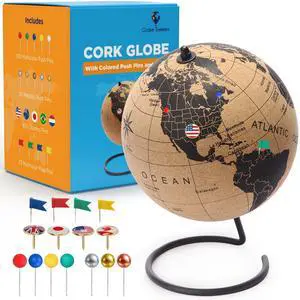 Cork Globe with Push Pins - 9.4 Globe with Map of the World and Rotating Stand for Adults, 100 Metallic and 100 Colored Push Pins - World Map for Home, Office, Travel Cork Globe with Push Pins - 9.4 Globe with Map of the World and Rotating Stand for Adults, 100 Metallic and 100 Colored Push Pins - World Map for Home, Office, Travel