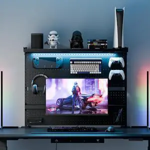 Desk Pegboard Dual Monitor Stand 43x34 Black | Steel pegboard with dual monitor stands, privacy panel and 4 modular accessories for organized gaming and office setups Desk Pegboard Dual Monitor Stand 43x34 Black | Steel pegboard with dual monitor stands, privacy panel and 4 modular accessories for organized gaming and office setups
