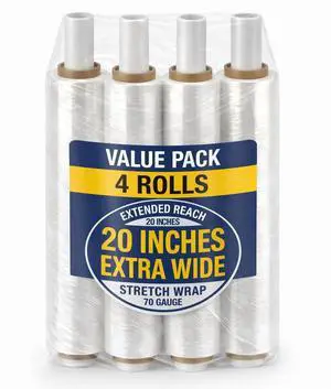Stretch Wrap Extra Wide Stretch Film Roll (4 Rolls) - 20 in Wide & 1000 ft long Clear Plastic Wrap with Handles for Pallet Wrapping Shipping Moving Stretch Wrap Extra Wide Stretch Film Roll (4 Rolls) - 20 in Wide & 1000 ft long Clear Plastic Wrap with Handles for Pallet Wrapping Shipping Moving