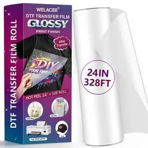DTF Transfer Film Roll 24"x328ft, Glossy Transfer Finish, Double-Sided Film | Hot&Cold Peel,PET Heat Transfer Paper for DTF Inkjet Printers Direct Print on T-Shirts and All Color Fabrics, Wash Durable DTF Transfer Film Roll 24"x328ft, Glossy Transfer Finish, Double-Sided Film | Hot&Cold Peel,PET Heat Transfer Paper for DTF Inkjet Printers Direct Print on T-Shirts and All Color Fabrics, Wash Durable