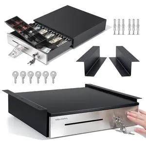 Manual Push Open Cash Register Drawer with Under Counter Mounting Metal Bracket - 16" Black/Stainless Steel Front Cash Drawer for POS, Partial Removable 5 Bill 8 Coin Tray, Key Lock, Media Slots Manual Push Open Cash Register Drawer with Under Counter Mounting Metal Bracket - 16" Black/Stainless Steel Front Cash Drawer for POS, Partial Removable 5 Bill 8 Coin Tray, Key Lock, Media Slots