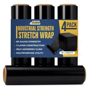 Stretch Film Wrap - Black, 18"x1500 ft, 80 Gauge 4 Rolls Heavy Duty Pallet Wrap Stretch Wrap Roll for Packing, Moving & Shipping Industrial Strength Durable Self Adhering Shrink Wrap Roll Stretch Film Wrap - Black, 18"x1500 ft, 80 Gauge 4 Rolls Heavy Duty Pallet Wrap Stretch Wrap Roll for Packing, Moving & Shipping Industrial Strength Durable Self Adhering Shrink Wrap Roll