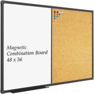 White Board & Bulletin Corkboard Combination, Combo Board 48 x 36 Magnetic Whiteboard, Black Aluminum Frame Wall Mounted Board for Office Home and School with 10 Push Pins White Board & Bulletin Corkboard Combination, Combo Board 48 x 36 Magnetic Whiteboard, Black Aluminum Frame Wall Mounted Board for Office Home and School with 10 Push Pins