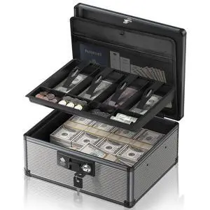 Locking Cash Box with Money Tray and Key, Secure Money Safe Box for Cash, Portable Money Box with 2 Storage Spaces and Removeable Storage Bag, Money Saving Organizer (Black, XX-Large) Locking Cash Box with Money Tray and Key, Secure Money Safe Box for Cash, Portable Money Box with 2 Storage Spaces and Removeable Storage Bag, Money Saving Organizer (Black, XX-Large)