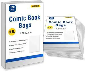 1000ct Current Comic Book Bags,3.5 Mil Thick Comic Book Sleeves,Acid-Free Crystal Clear,7.2 X 10.5 inch,Archival Quality,Fits Standard Comic Book Storage 1000ct Current Comic Book Bags,3.5 Mil Thick Comic Book Sleeves,Acid-Free Crystal Clear,7.2 X 10.5 inch,Archival Quality,Fits Standard Comic Book Storage