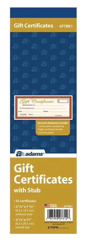 1-Part Gift Certificates with Stub, 3-1/4" x 11", 25 Certificates/BK (GFTBK1), Pack of 12 1-Part Gift Certificates with Stub, 3-1/4" x 11", 25 Certificates/BK (GFTBK1), Pack of 12