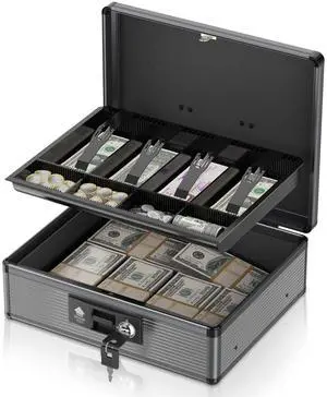 Locking Cash Box with Money Tray and Key, Secure Money Safe Box for Cash, Portable Money Box with Bottom Storage Spaces, Money Saving Organizer(Black, Extra Large) Locking Cash Box with Money Tray and Key, Secure Money Safe Box for Cash, Portable Money Box with Bottom Storage Spaces, Money Saving Organizer(Black, Extra Large)