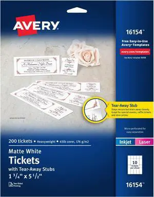 Printable Tickets with Tear-Away Stubs, 1.75" x 5.5", Matte White, 200 Blank Tickets for Laser and Inkjet Printers (16154) (Pack of 5) Printable Tickets with Tear-Away Stubs, 1.75" x 5.5", Matte White, 200 Blank Tickets for Laser and Inkjet Printers (16154) (Pack of 5)