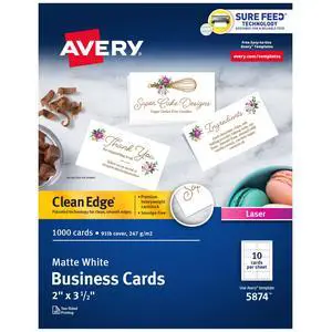 Clean Edge Printable Business Cards, Sure Feed Technology, 2" x 3.5", White, 1,000 Blank Cards for Laser Printers (5874) Clean Edge Printable Business Cards, Sure Feed Technology, 2" x 3.5", White, 1,000 Blank Cards for Laser Printers (5874)