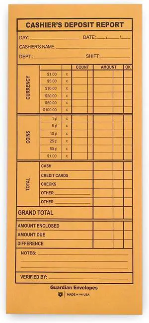 Cashier Deposit Report Envelopes with Gummed Flaps, Pack of 1000 Cash Drop Envelopes Cash Register for Small Businesses Cashier Register for Retailers & Restaurants Brown Kraft Envelope Cashier Deposit Report Envelopes with Gummed Flaps, Pack of 1000 Cash Drop Envelopes Cash Register for Small Businesses Cashier Register for Retailers & Restaurants Brown Kraft Envelope