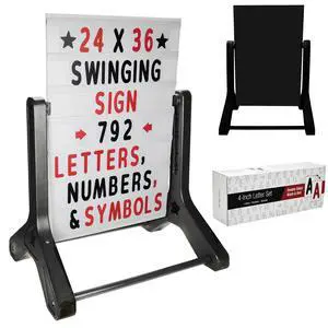 Swinging Changeable Message Sidewalk Sign: 24" x 36" Sign with 792 Pre-Cut Double Sided Letters and Storage Box. Includes Black Board & Letter Board (Black Color Legs) Swinging Changeable Message Sidewalk Sign: 24" x 36" Sign with 792 Pre-Cut Double Sided Letters and Storage Box. Includes Black Board & Letter Board (Black Color Legs)
