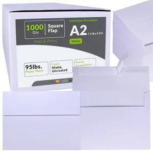 1000 Pcs White A2 Invitation Envelopes, Peel & Press Self Seal, 4 3/8 x 5 3/4 Square Flap, RSVP & Return Envelopes, 95lb. Paper, Perfect for Announcements, Greeting Cards, Letters 1000 Pcs White A2 Invitation Envelopes, Peel & Press Self Seal, 4 3/8 x 5 3/4 Square Flap, RSVP & Return Envelopes, 95lb. Paper, Perfect for Announcements, Greeting Cards, Letters