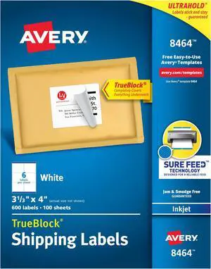 Printable Shipping Labels, Sure Feed Technology, 3-1/3" x 4", White, 600 Blank Mailing Labels (8464) (Pack of 5) Printable Shipping Labels, Sure Feed Technology, 3-1/3" x 4", White, 600 Blank Mailing Labels (8464) (Pack of 5)