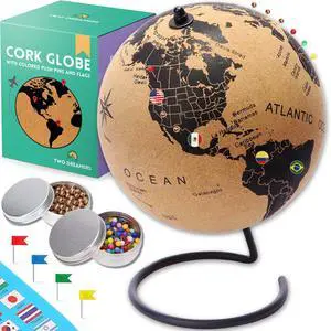 Large Cork Globe with 300 Push Pins 12.6" Tall | World Travel Map with Metallic, Colored & National Flags Push Pins | 3D World Map Pin Board for Home or Office | Gift for Travelers, Couples & Families Large Cork Globe with 300 Push Pins 12.6" Tall | World Travel Map with Metallic, Colored & National Flags Push Pins | 3D World Map Pin Board for Home or Office | Gift for Travelers, Couples & Families