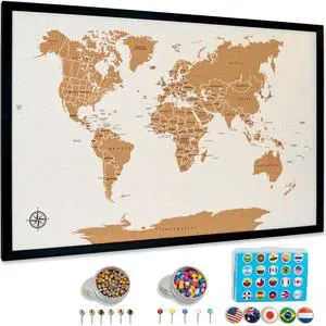 World Map Pin Board Large 30"x20" Framed | Cork Wall Map with Country Flags, Metallic & Colored Pins | World Travel Map with Pins | Unique Push Pin Map Gift for Travelers, Couples & Families World Map Pin Board Large 30"x20" Framed | Cork Wall Map with Country Flags, Metallic & Colored Pins | World Travel Map with Pins | Unique Push Pin Map Gift for Travelers, Couples & Families