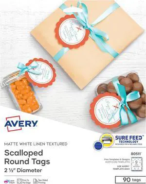 Printable Round Scallop Gift Tags, 2.5" Diameter | Textured White | Sure Feed Technology | 90 Tags, Pack of 5 Printable Round Scallop Gift Tags, 2.5" Diameter | Textured White | Sure Feed Technology | 90 Tags, Pack of 5