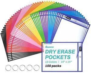 100 Packs Oversized Reusable Dry Erase Pocket Sleeves with 5 Rings, 10 Assorted Colors 10x14 Ticket Holders, Clear Plastic Sheet Protectors, Teacher School Classroom Supplies 100 Packs Oversized Reusable Dry Erase Pocket Sleeves with 5 Rings, 10 Assorted Colors 10x14 Ticket Holders, Clear Plastic Sheet Protectors, Teacher School Classroom Supplies