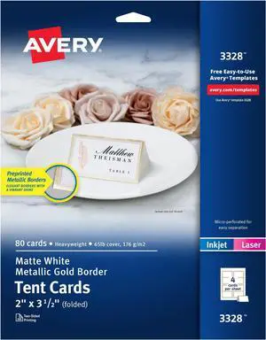 Tent Cards Metallic Gold Border 2 x 3.5 Inch | White Cardstock | Pre-scored | For Laser & Inkjet Printers | 80 Cards, Pack of 5 Tent Cards Metallic Gold Border 2 x 3.5 Inch | White Cardstock | Pre-scored | For Laser & Inkjet Printers | 80 Cards, Pack of 5