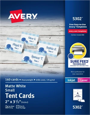 Printable Tent Cards with Sure Feed Technology,2" x 3.5",White,160 Blank Place Cards for Laser or Inkjet Printers (5302),(Pack of 5) Printable Tent Cards with Sure Feed Technology,2" x 3.5",White,160 Blank Place Cards for Laser or Inkjet Printers (5302),(Pack of 5)