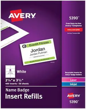 Customizable Name Badge Inserts, 2.25" x 3.5", White, 400 Printable Name Tag Inserts (5390), Pack of 5 Customizable Name Badge Inserts, 2.25" x 3.5", White, 400 Printable Name Tag Inserts (5390), Pack of 5
