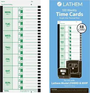 Weekly Employee Time Card Pack, 100 Count E8 Thermal Print Timesheets, Single Sided with Named Days for 2100HD 800P Clocks (Pack of 10) Weekly Employee Time Card Pack, 100 Count E8 Thermal Print Timesheets, Single Sided with Named Days for 2100HD 800P Clocks (Pack of 10)