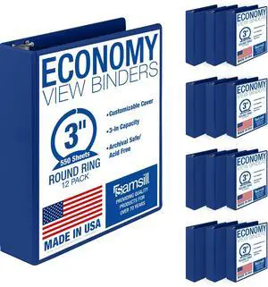 3 Inch 3 Ring Binders, Economy Round Ring, Clear View Cover, 550 Sheet Capacity - for School, Home, Office - Blue, 12 Pack 3 Inch 3 Ring Binders, Economy Round Ring, Clear View Cover, 550 Sheet Capacity - for School, Home, Office - Blue, 12 Pack