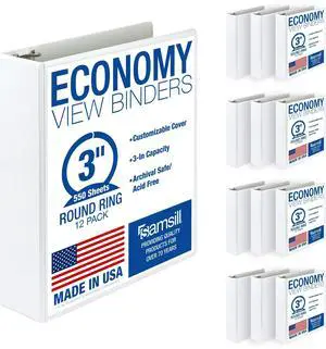 3 Inch 3 Ring Binders, Economy Round Ring, Clear View Cover, 550 Sheet Capacity - for School, Home, Office - White, 12 Pack 3 Inch 3 Ring Binders, Economy Round Ring, Clear View Cover, 550 Sheet Capacity - for School, Home, Office - White, 12 Pack