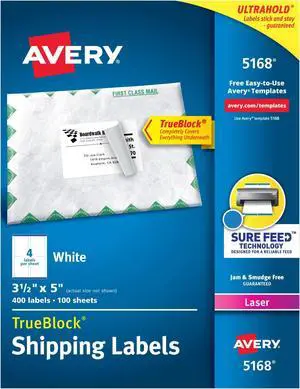 Printable Shipping Labels with Sure Feed, 3-1/2" x 5", White, 400 Blank Mailing Labels for Laser Printers (5168) (Pack of 5) Printable Shipping Labels with Sure Feed, 3-1/2" x 5", White, 400 Blank Mailing Labels for Laser Printers (5168) (Pack of 5)