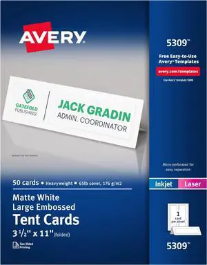 Printable Tent Cards, 3.5" x 11", White with Embossed Border, 50 Blank Place Cards for Laser and Inkjet Printers (5309) (Pack of 5) Printable Tent Cards, 3.5" x 11", White with Embossed Border, 50 Blank Place Cards for Laser and Inkjet Printers (5309) (Pack of 5)