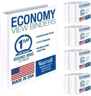 1.5 Inch 3 Ring Binders, Economy Round Ring, Clear View Cover, 325 Sheet Capacity - for School, Home, Office - White, 12 Pack 1.5 Inch 3 Ring Binders, Economy Round Ring, Clear View Cover, 325 Sheet Capacity - for School, Home, Office - White, 12 Pack