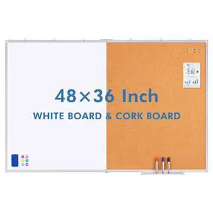Magnetic White & Cork Board Combo 48" x 36" Aluminum Frame | Dry Erase Bulletin Board, Wall Mounted or Hanging. Dual-function Surface for Writing & Pinning. Ideal for Home, Office, Shool Magnetic White & Cork Board Combo 48" x 36" Aluminum Frame | Dry Erase Bulletin Board, Wall Mounted or Hanging. Dual-function Surface for Writing & Pinning. Ideal for Home, Office, Shool