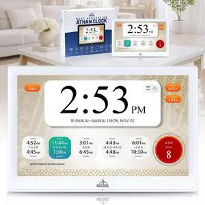 14" Smart WiFi Digital Azan Clock & Islamic Prayer Frame Automatic Worldwide Prayer & Iqamah Times, Full Quran Player, Athan Alarm, Ramadan Clock, Touchscreen Muslim Home Display, White 14" Smart WiFi Digital Azan Clock & Islamic Prayer Frame Automatic Worldwide Prayer & Iqamah Times, Full Quran Player, Athan Alarm, Ramadan Clock, Touchscreen Muslim Home Display, White