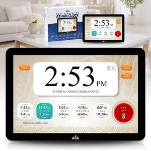 14" Smart WiFi Digital Azan Clock & Islamic Prayer Frame Automatic Worldwide Prayer & Iqamah Times, Full Quran Player, Athan Alarm, Ramadan Clock, Touchscreen Muslim Home Display, Black 14" Smart WiFi Digital Azan Clock & Islamic Prayer Frame Automatic Worldwide Prayer & Iqamah Times, Full Quran Player, Athan Alarm, Ramadan Clock, Touchscreen Muslim Home Display, Black