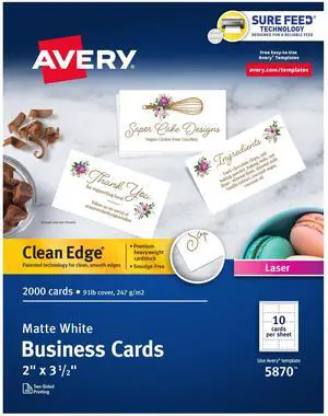 Clean Edge Printable Business Cards, Sure Feed Technology, 2" x 3.5", White, 2,000 Blank Cards for Laser Printers (5870) Clean Edge Printable Business Cards, Sure Feed Technology, 2" x 3.5", White, 2,000 Blank Cards for Laser Printers (5870)