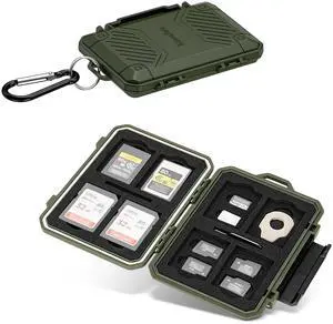 Memory Card Case with 18 Slots, IP67 Waterproof Anti-Shock Travel Camera Memory Card Holder for 8 SD SDHC SDXC Cards & 4 MicroSD TF MSD & 4 CFexpress Type-A Cards & 2 Nano SIM Storage - Green Memory Card Case with 18 Slots, IP67 Waterproof Anti-Shock Travel Camera Memory Card Holder for 8 SD SDHC SDXC Cards & 4 MicroSD TF MSD & 4 CFexpress Type-A Cards & 2 Nano SIM Storage - Green