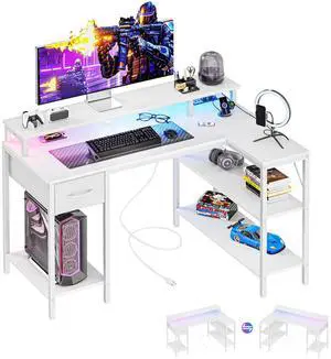 47" Gaming Desk with USB Charging Ports & LED Lights, Reversible L-Shaped Corner Computer Table for Small Spaces, Power Outlets, Monitor Stand & Storage Shelves Included, White 47" Gaming Desk with USB Charging Ports & LED Lights, Reversible L-Shaped Corner Computer Table for Small Spaces, Power Outlets, Monitor Stand & Storage Shelves Included, White