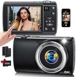 8K Digital Camera for Photography, 2026 Latest WiFi 88MP Vlogging Camera for YouTube with Dual Lens, Touch Screen, Autofocus Anti-Shake, 16X Zoom, Compact Travel Camera, 32GB Card, 2 Batteries, Black 8K Digital Camera for Photography, 2026 Latest WiFi 88MP Vlogging Camera for YouTube with Dual Lens, Touch Screen, Autofocus Anti-Shake, 16X Zoom, Compact Travel Camera, 32GB Card, 2 Batteries, Black
