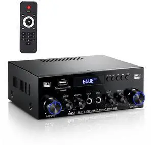 Bluetooth 5.0 Stereo Amplifier 400W | 2.1 CH Home Audio Receiver for Passive Speakers & Sub | Dual Mic in (Echo Adjust) | USB/SD/FM | Bass & Treble Control | Remote Bluetooth 5.0 Stereo Amplifier 400W | 2.1 CH Home Audio Receiver for Passive Speakers & Sub | Dual Mic in (Echo Adjust) | USB/SD/FM | Bass & Treble Control | Remote